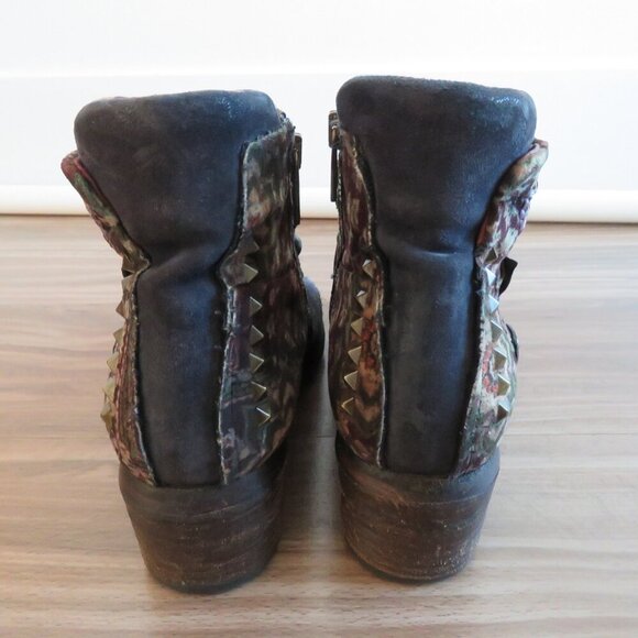 A.S. 98 Blue Floral Velvet Studded Bohemian Leather Ankle Booties Boots - Picture 9 of 15